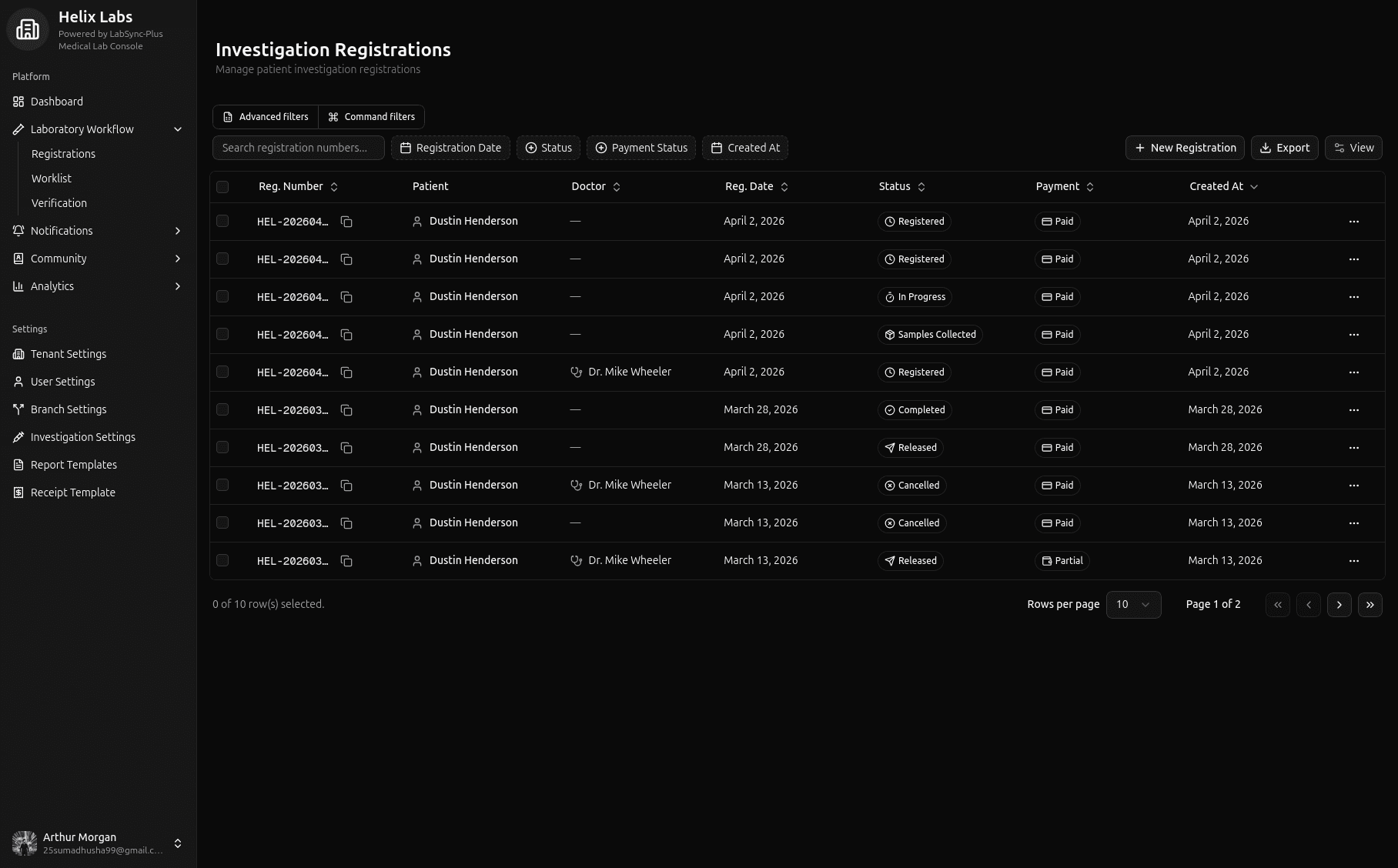 LabSync-Plus patient registration data table