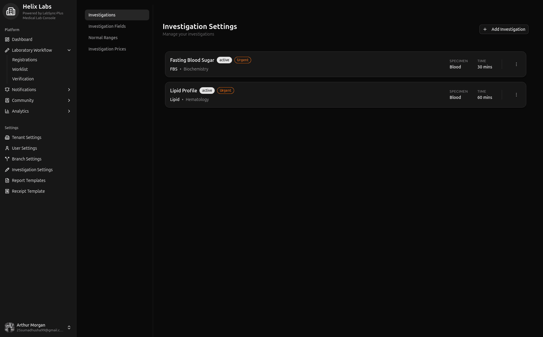 LabSync-Plus investigation settings panel